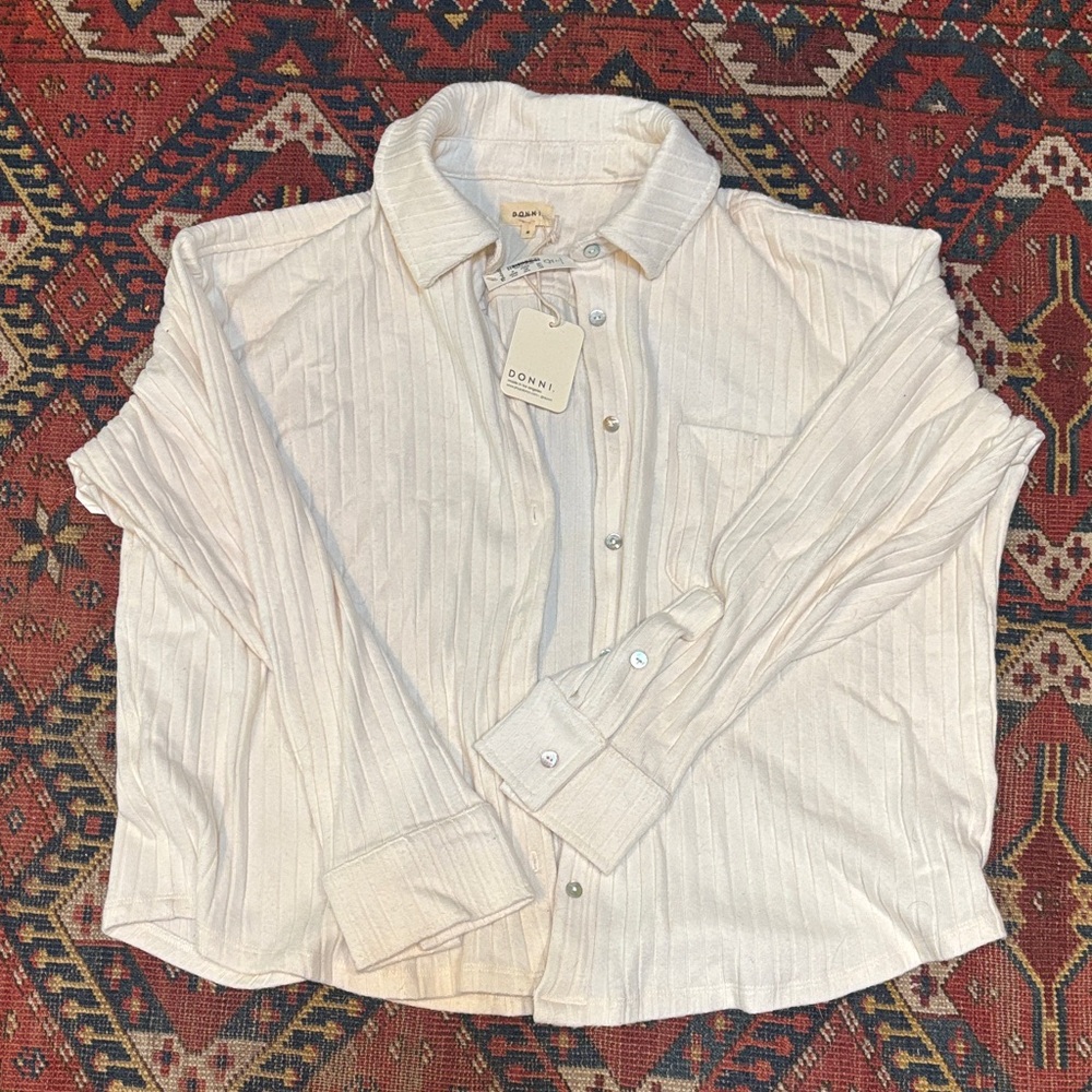 DONNI. Cream Button Down Sweater Shirt